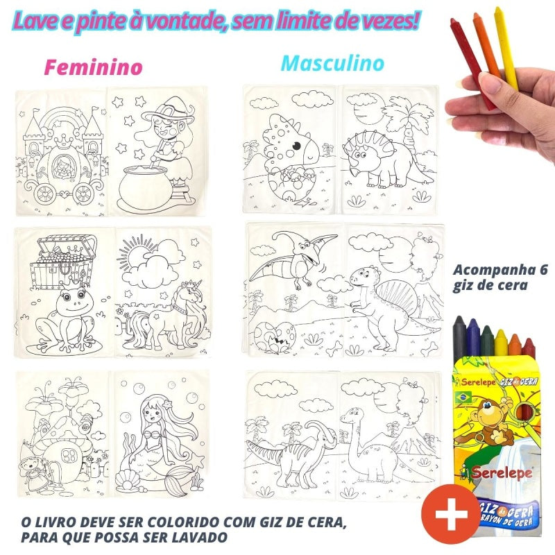 Livro de Colorir Lavável Com Giz De Cera Brinquedo Infantil - Masculino (DinoLi