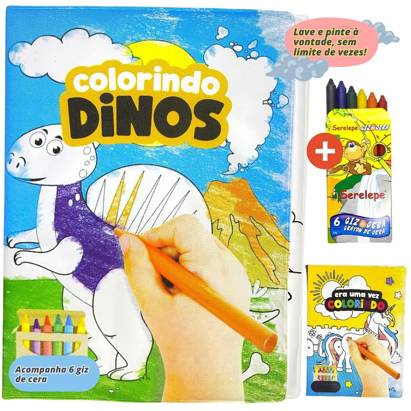 Livro de Colorir Lavável Com Giz De Cera Brinquedo Infantil - Masculino (DinoLi